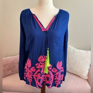 Lilly Pulitzer royal blue & hot pink embroidered trim boho tunic top womens Sz M